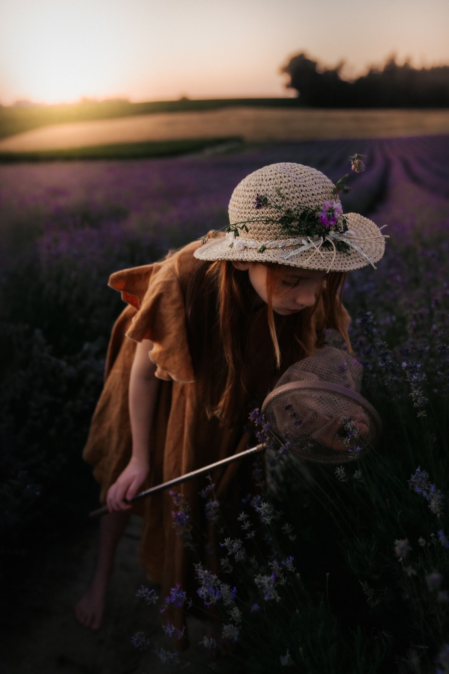 Young girl in straw hat and brown dress picking lavender in a purple field at golden hour sunset.