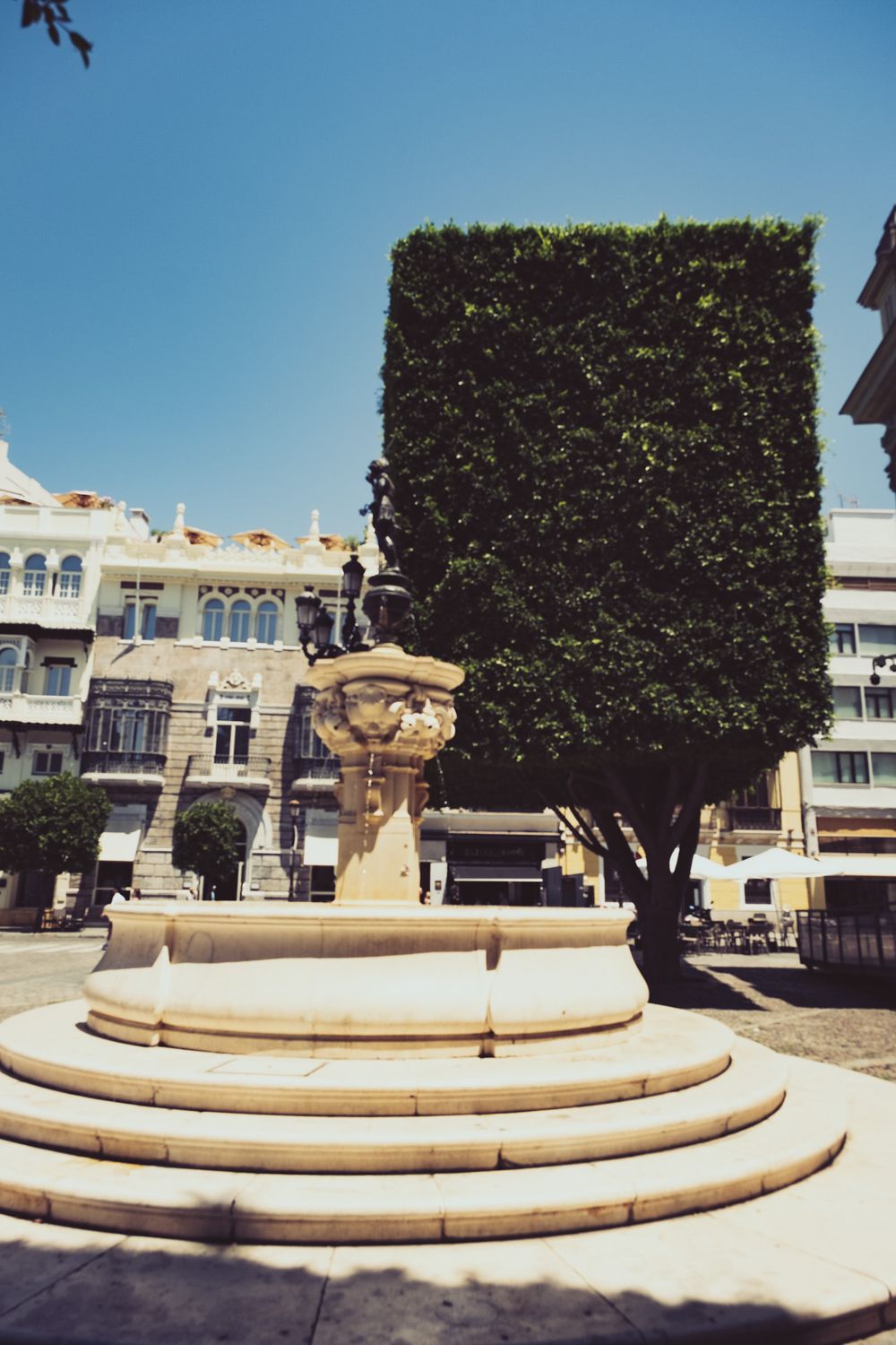 Ornate stone fountain with circular steps in a sunny Spanish plaza, flanked by a geometrically trimmed square topiary tree.