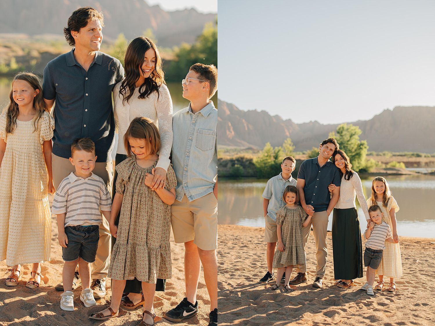 Family portrait collage on sandy beach with scenic river and mountain backdrop in warm sunlight.
