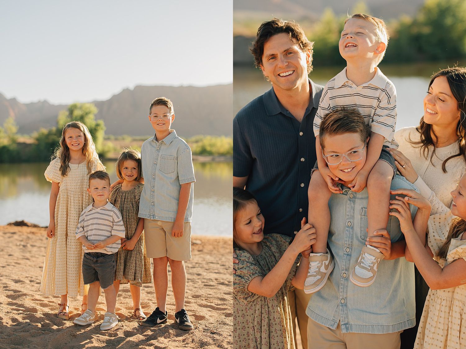 Family of six poses outdoors near a river, smiling together in warm golden light during a sunny day.