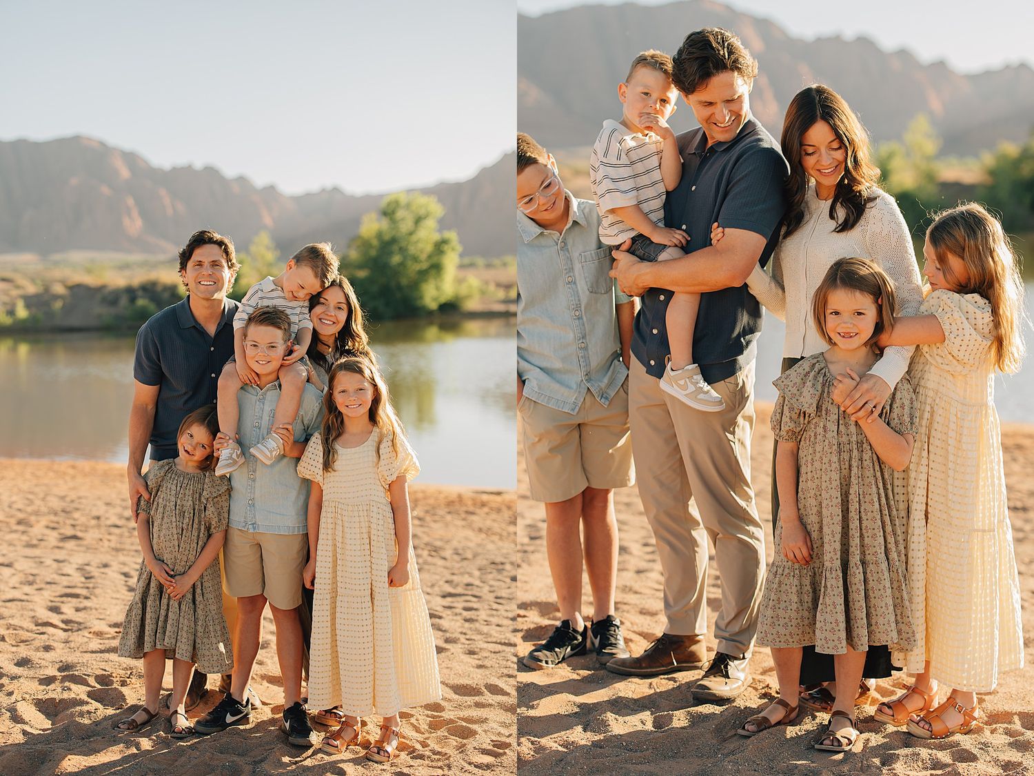 Family portrait of two groups posing on sandy riverbank with mountain backdrop in warm golden light.