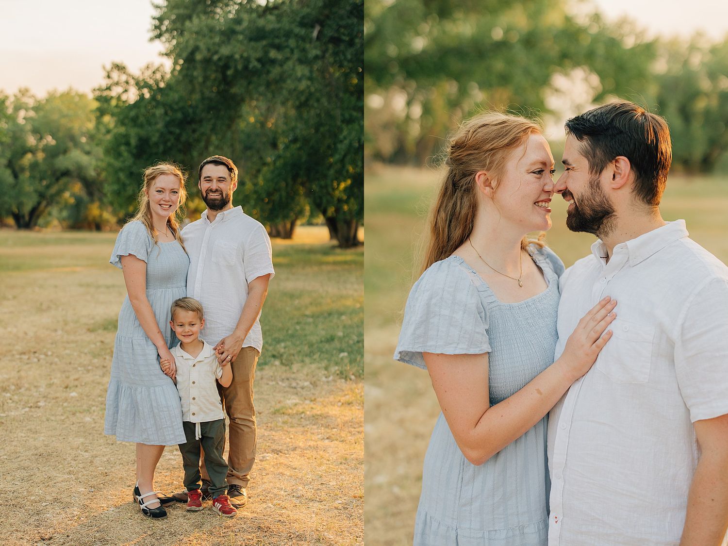 Family portrait of couple with toddler in golden field, plus romantic close-up of couple smiling outdoors.