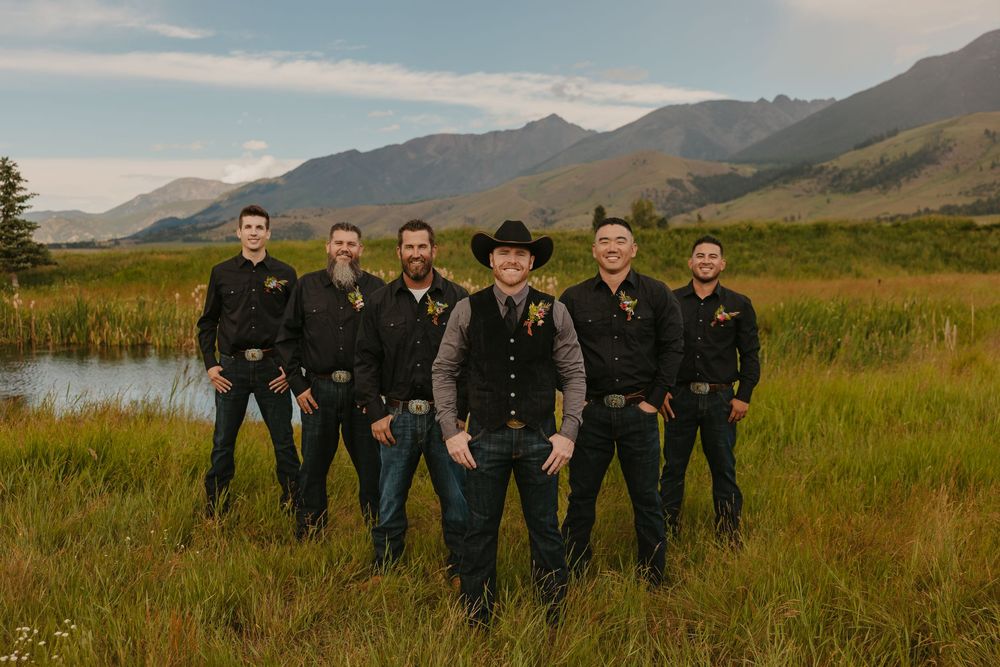 Groomsmen Pose together at Copper Rose Ranch near Chico Montana at a Western Wedding captured by Local Livingston Wedding Photographer