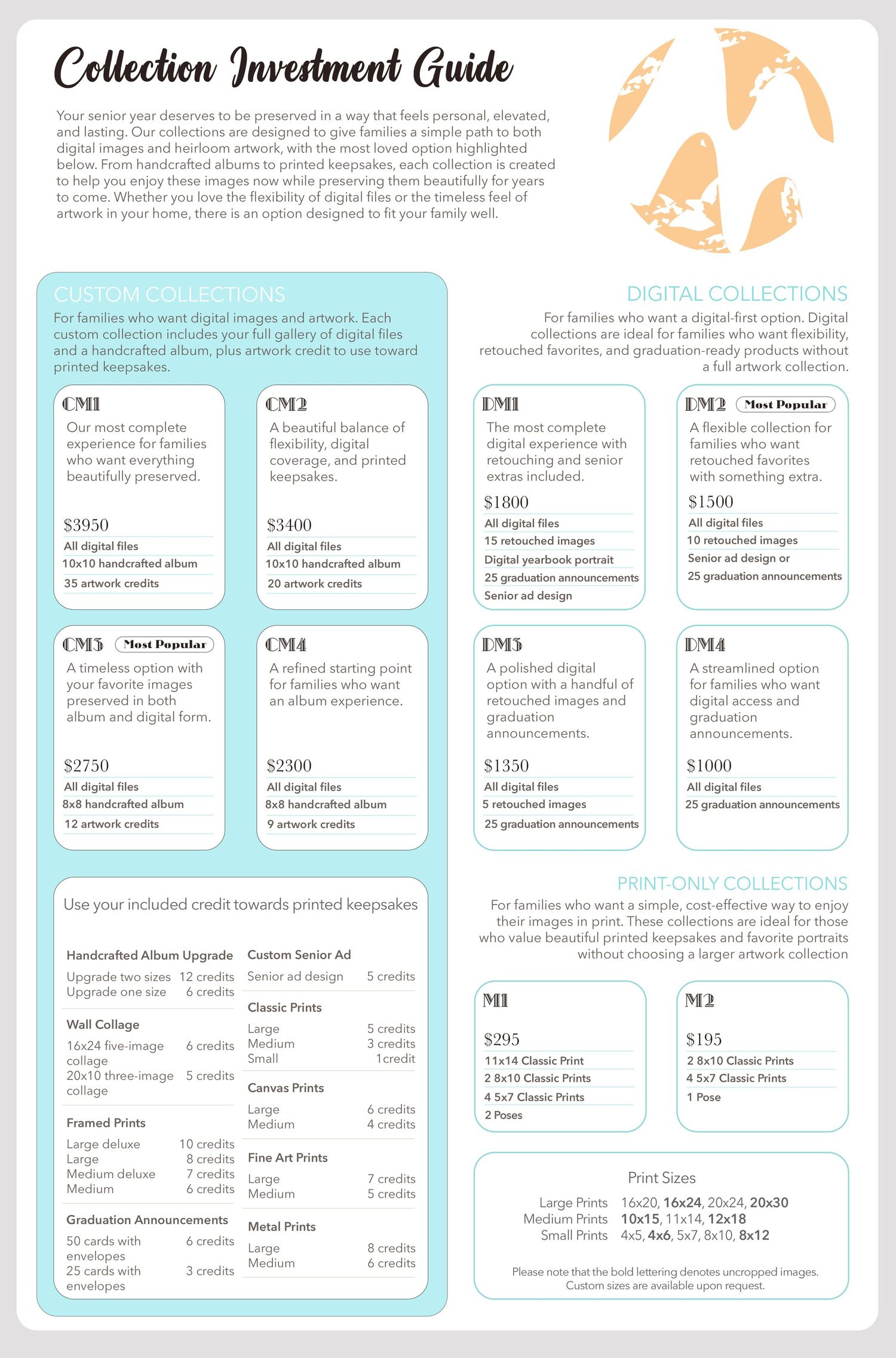 A photography studio collection investment guide showing custom and digital package options with pricing and print credit details.
