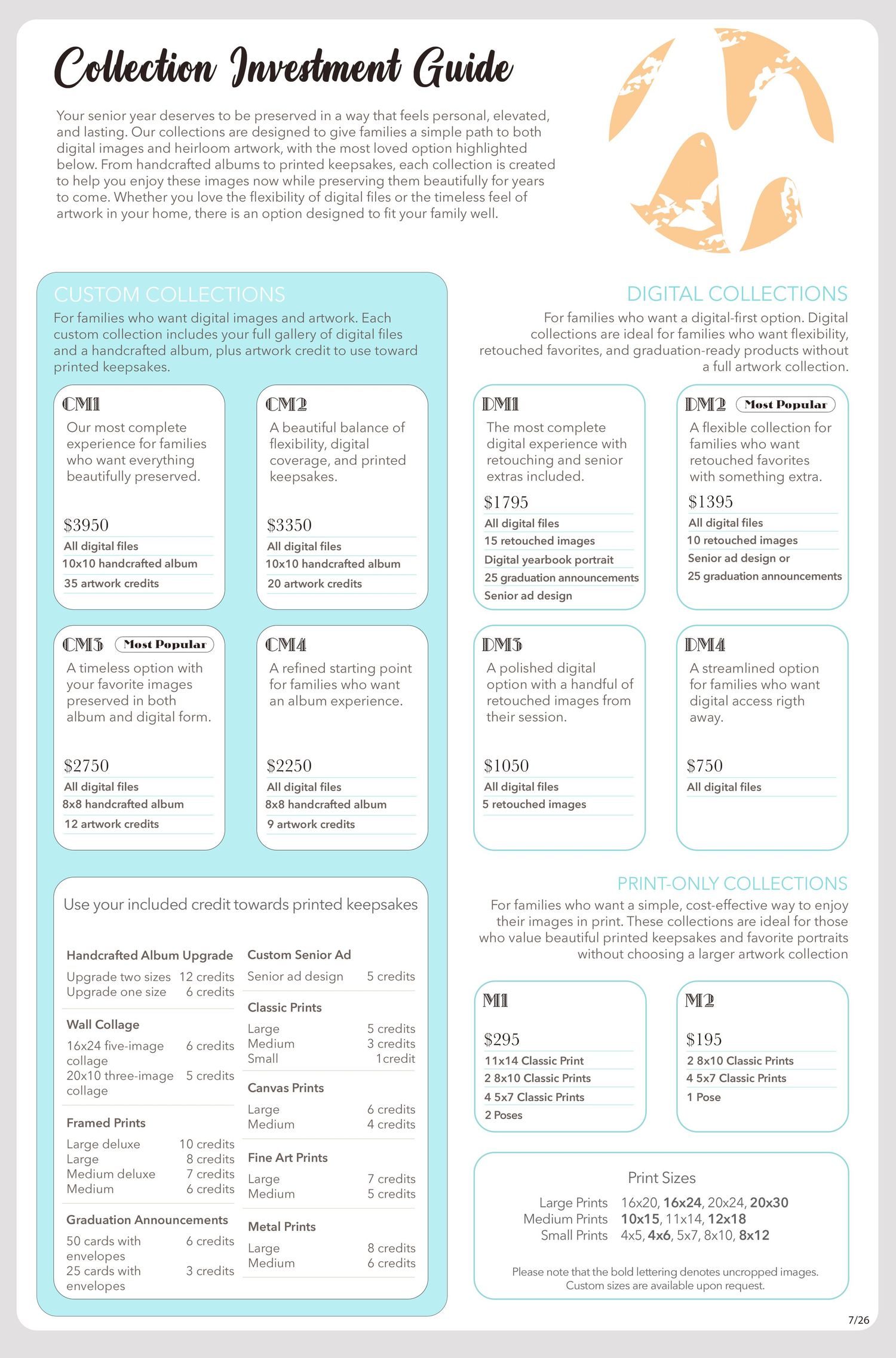 A photography studio collection investment guide showing custom and digital package options with pricing and print credit details.