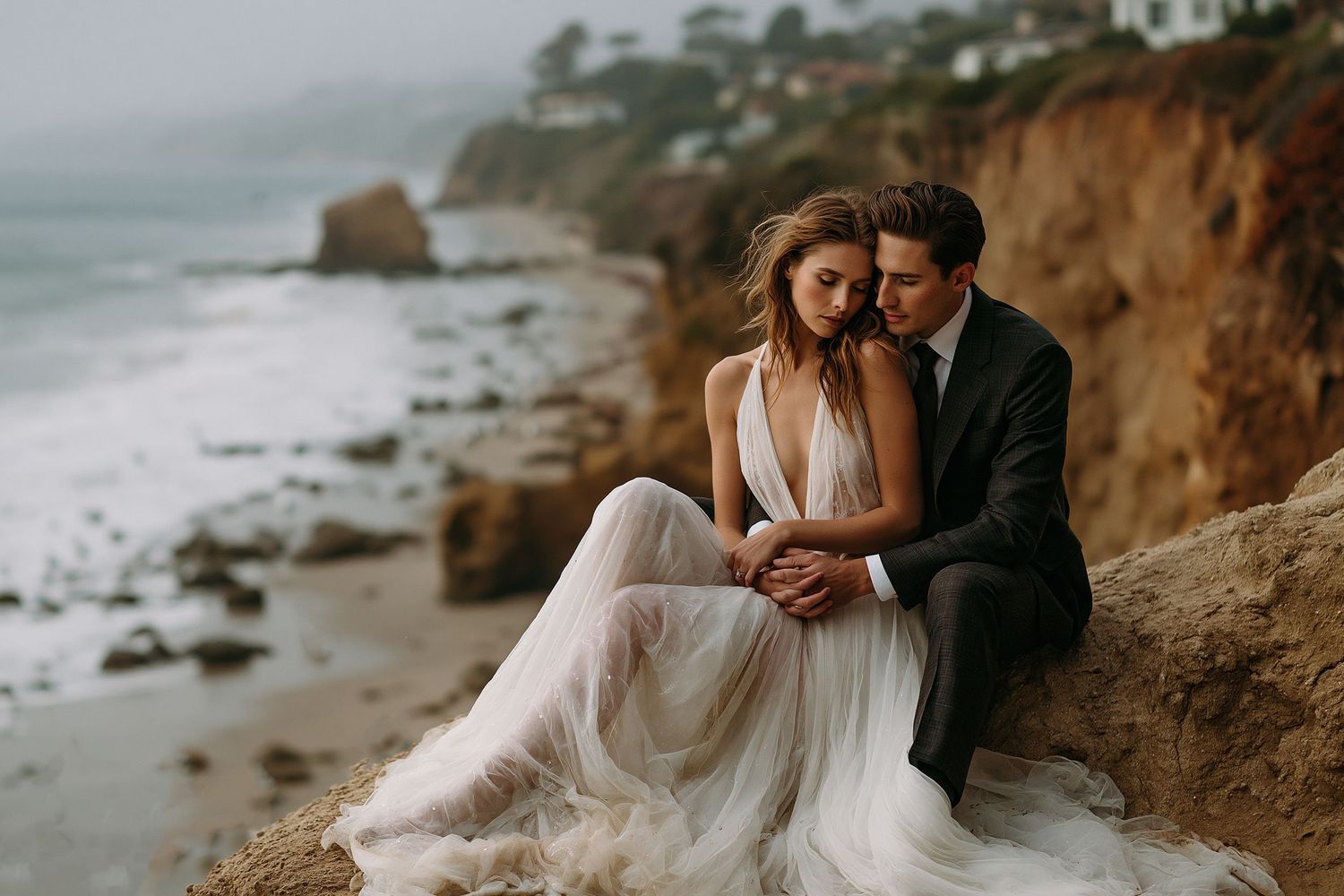 Couple in wedding attire sitting on coastal cliffs, bride in white gown, groom in dark suit, ocean backdrop.
