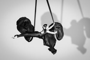 Black and white photo of an aerial dancer performing gracefully with flowing dark silks.