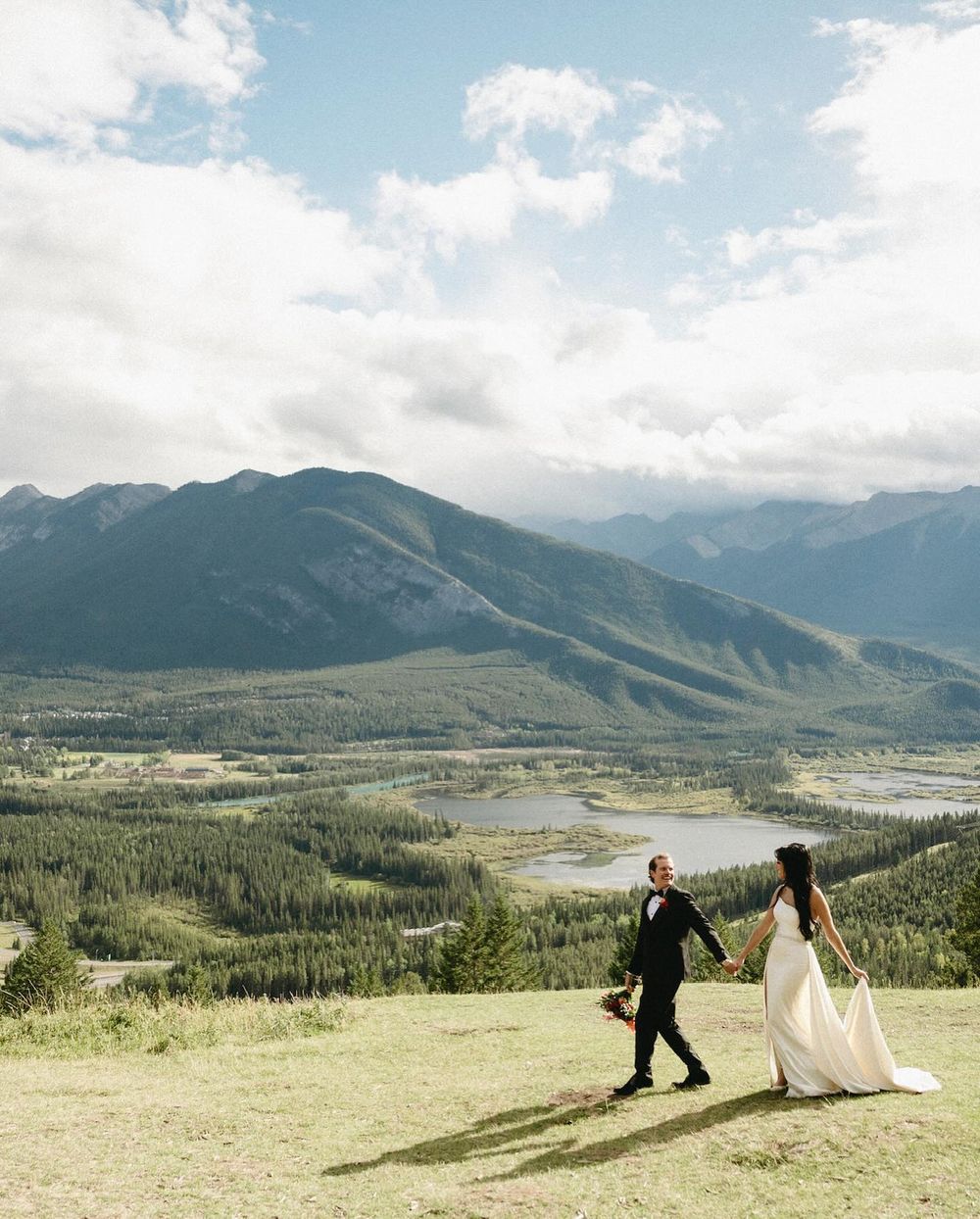 Sarah and Lee in a green mountain valley at Mount Norquay, Banff