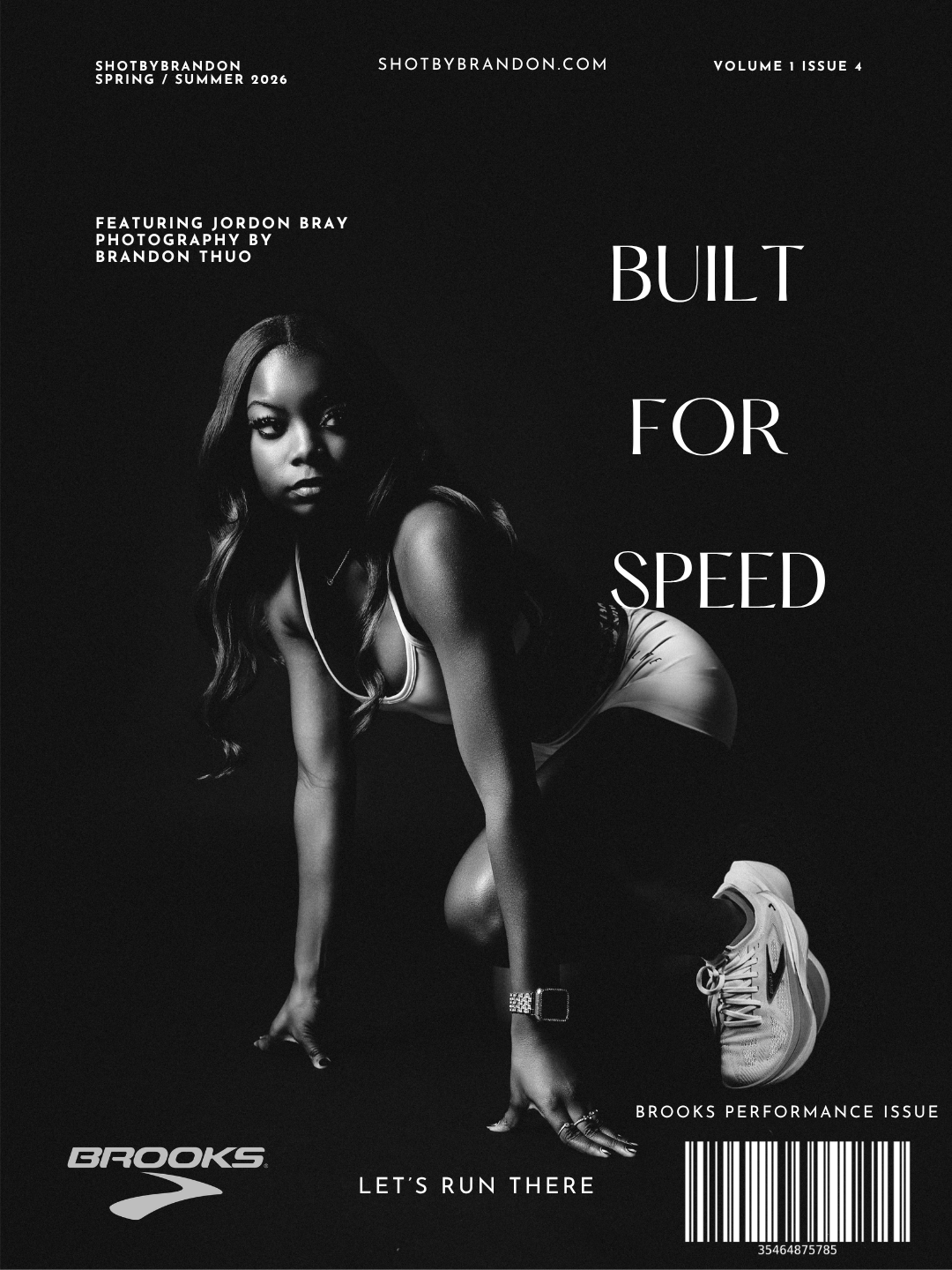 Black and white Brooks running magazine cover featuring athlete Jordon Bray in a sprint start position, titled Built For Speed.