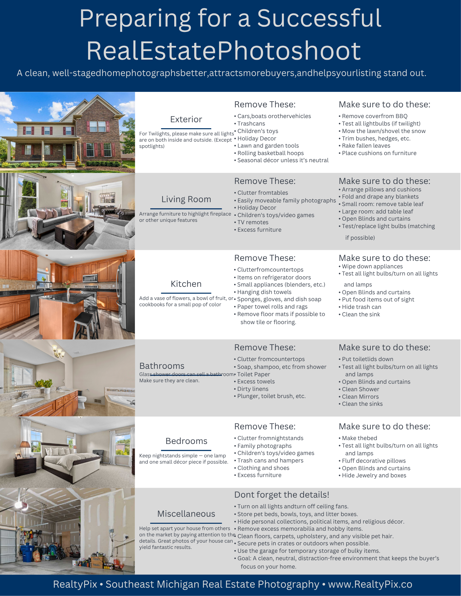 A real estate photoshoot preparation checklist infographic with tips for staging home exteriors, kitchens, bathrooms, and bedrooms.