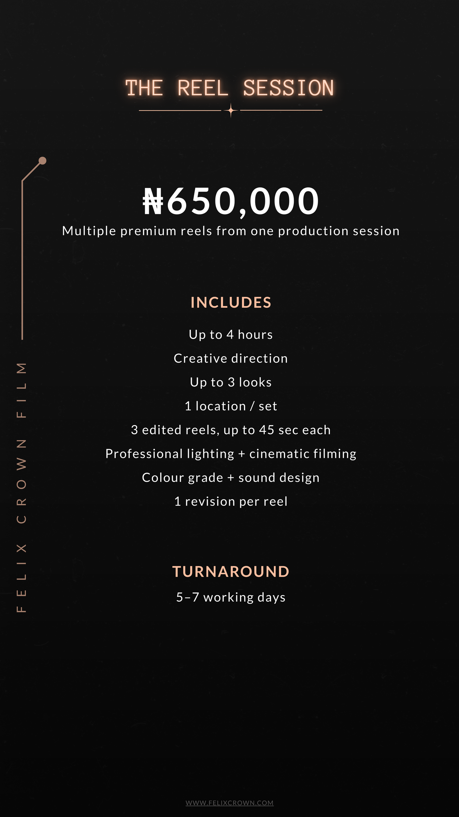 A pricing menu displays photography packages and services titled 'The Elegant Experience' with costs in Naira currency.