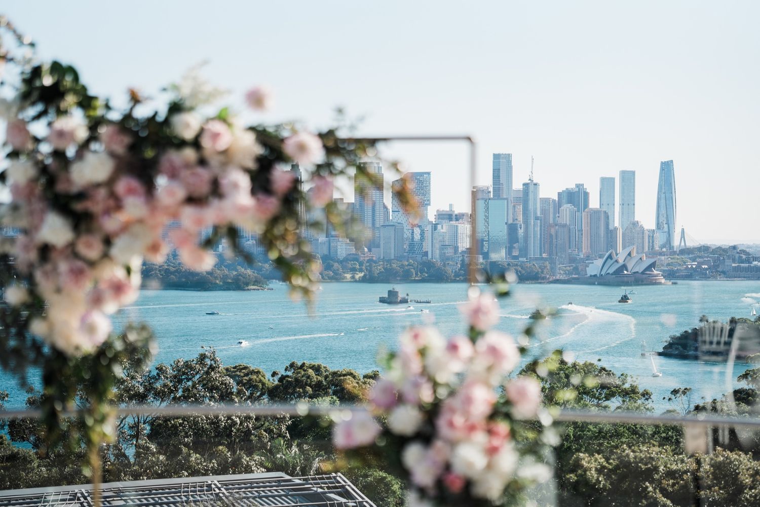 Pink floral wedding arch with Sydney Harbour and city skyline backdrop on a clear sunny day.