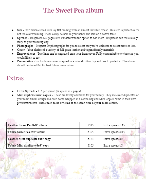 Sweet Pea wedding photo album pricing guide showing sizes, spreads, and extras including leather and fabric options.