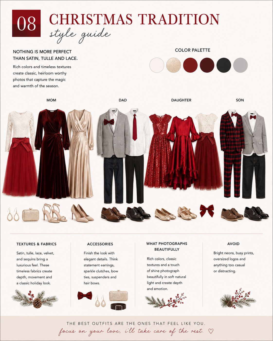 Christmas tradition style guide featuring family outfit ideas in red, cream, and plaid for holiday photos.