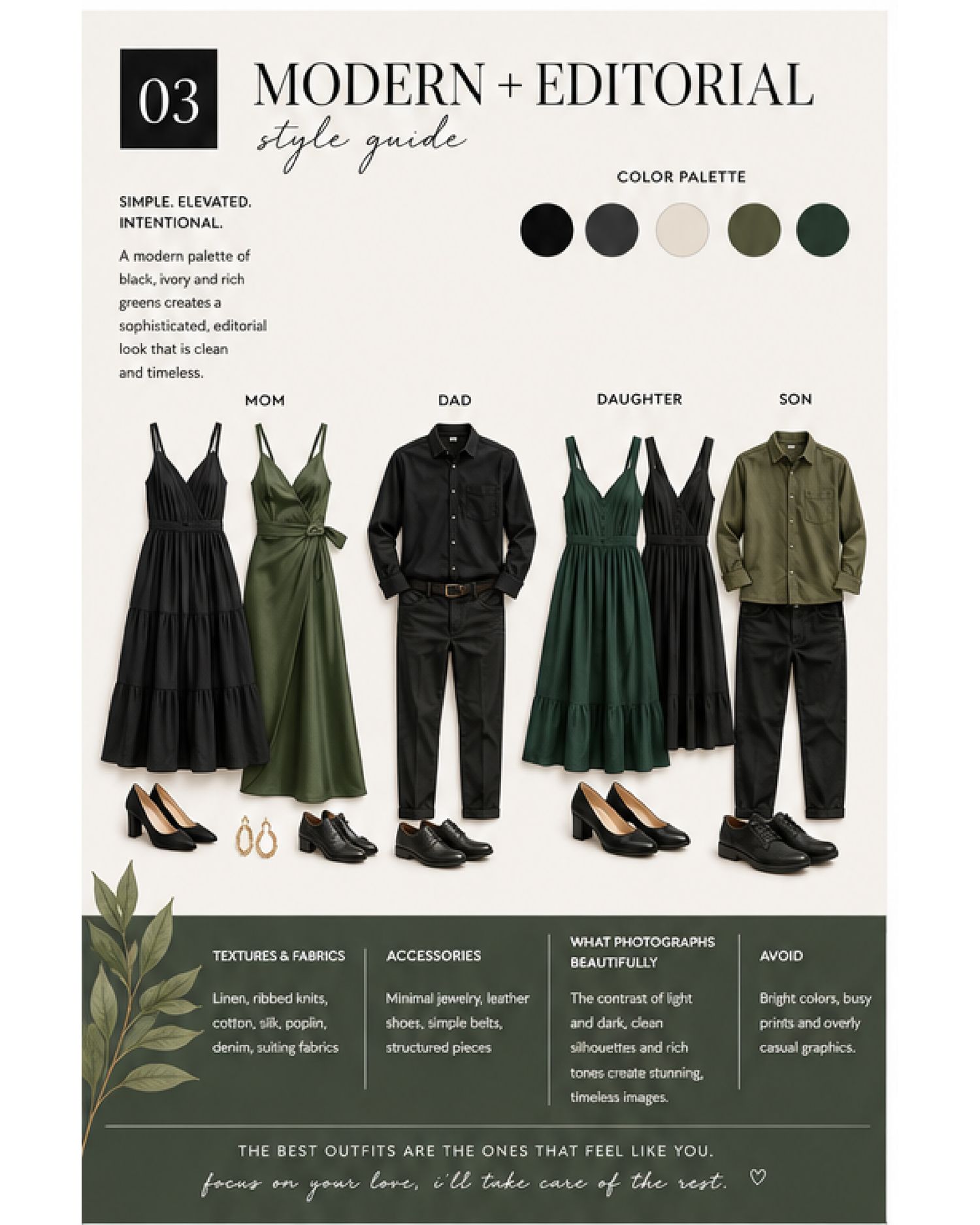 Modern editorial family photo style guide featuring black and forest green outfits for mom, dad, daughter, and son.