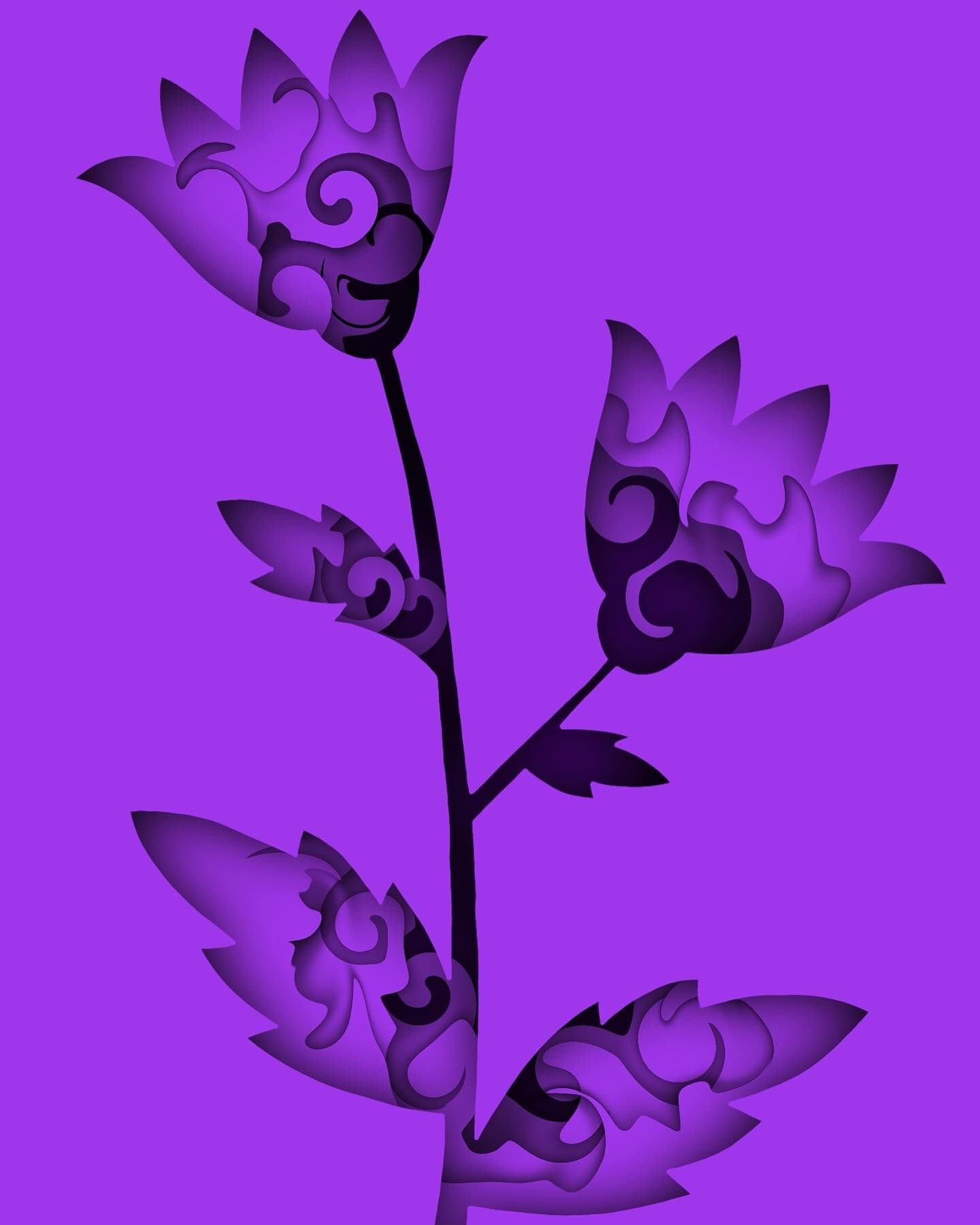 Purple digital art of decorative floral stems with swirling patterns on a bright violet background.