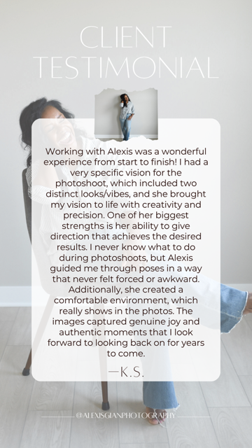 Client testimonial for Alexis Gian Photography from K.S. praising posing guidance and comfortable photoshoot experience.