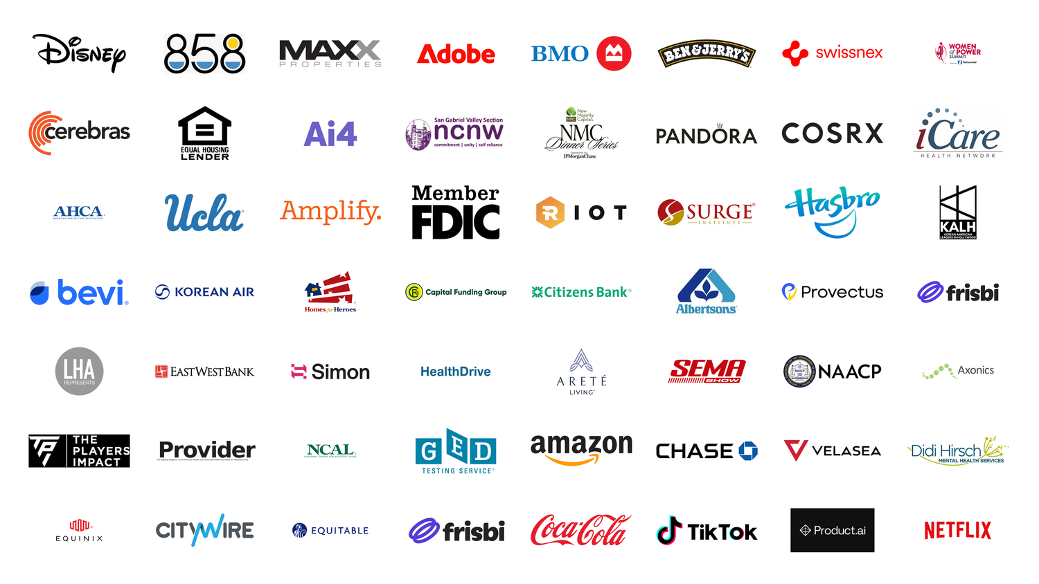A collage of company logos including Disney, Adobe, Amazon, Netflix, TikTok, Coca-Cola, Chase, UCLA, and more.