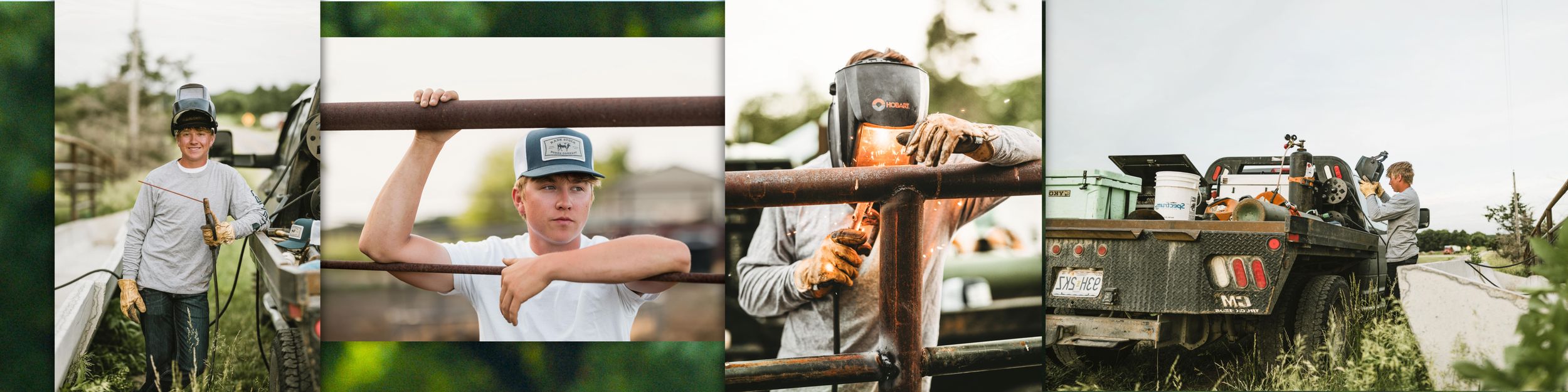 Teen boy poses outdoors near rustic truck, lifting a wooden beam in a sunny farm setting.