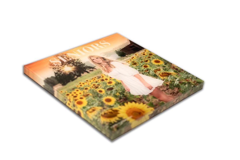 Senior photography book featuring a girl in sunflower field by Luba Wold Post Falls photographer