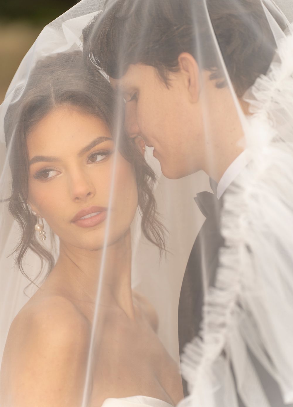 Soft-focus wedding portraits show romantic moments between a couple under a delicate veil.