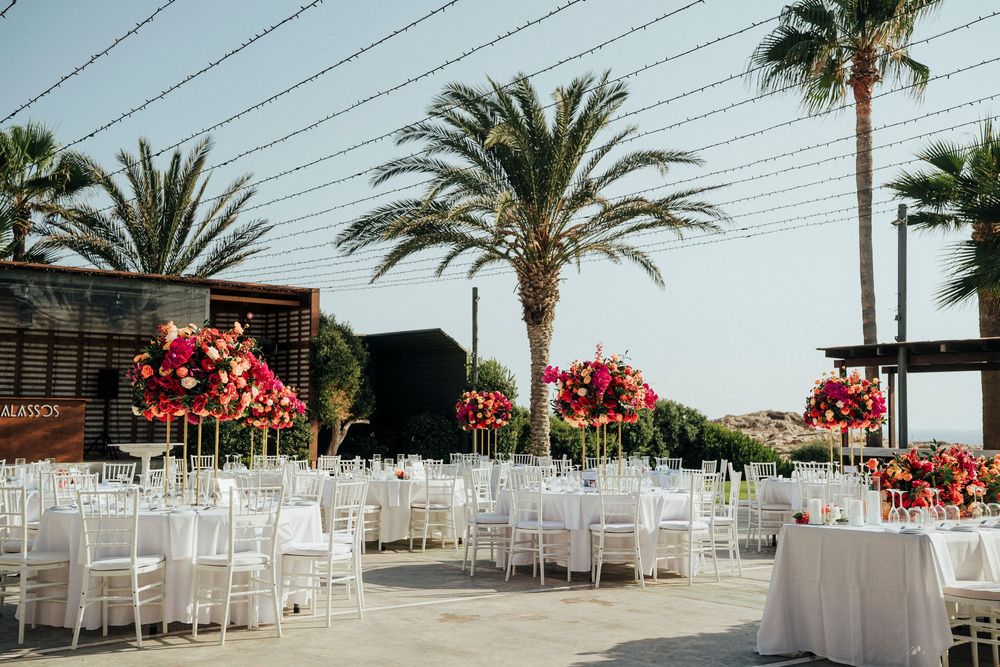 Panoramic view of an outdoor wedding venue with white chairs and red floral arrangements under palm trees and power lines.