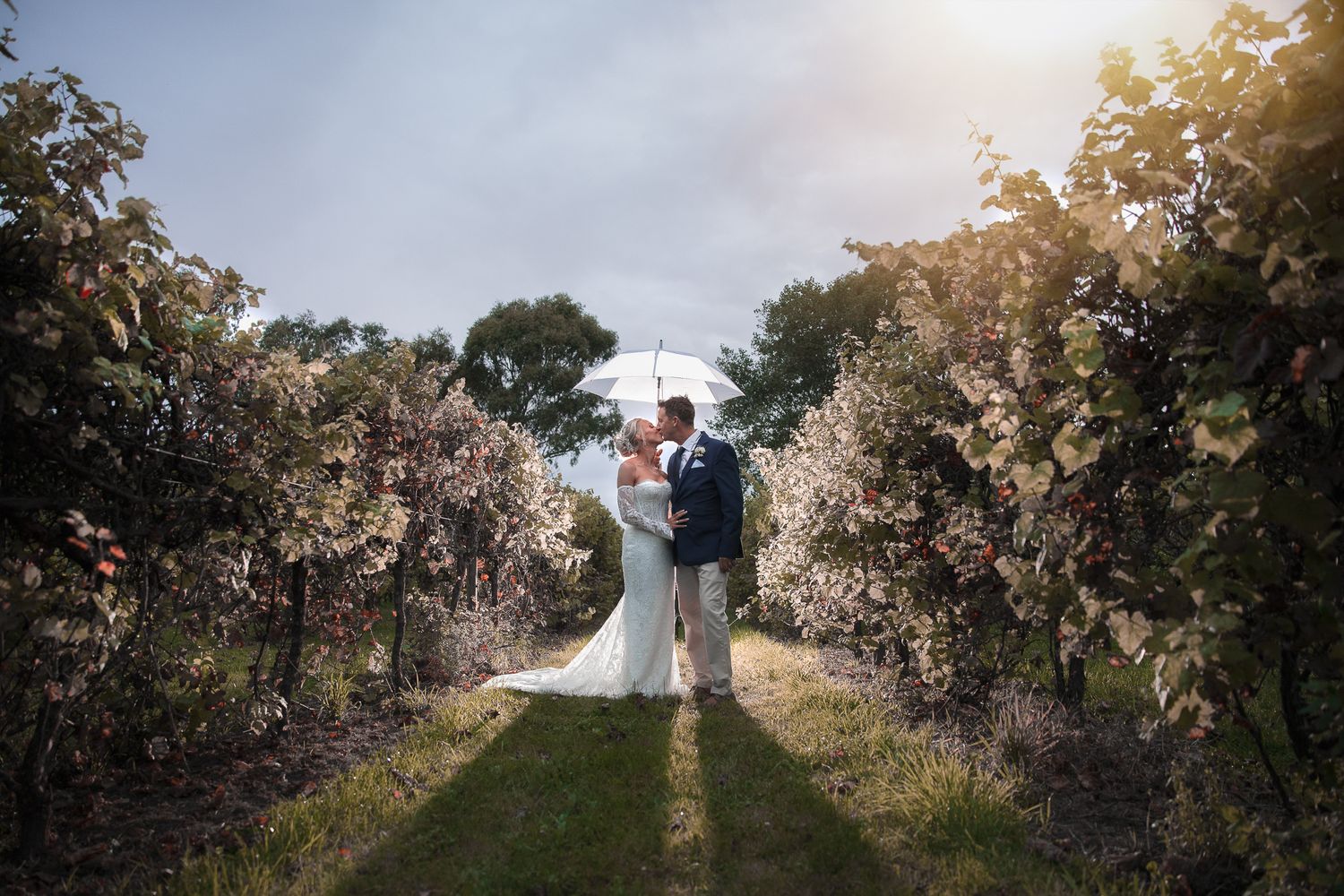 Silhouetted couple shares romantic moment under illuminated umbrella in dark wooded park.
