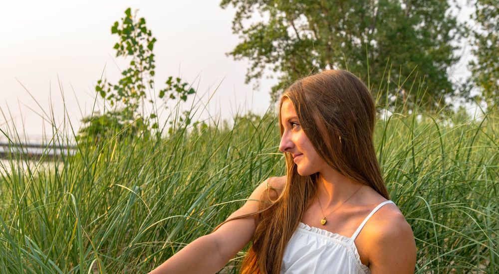 Peaceful sunset scene with tall grass and trees along a waterfront.