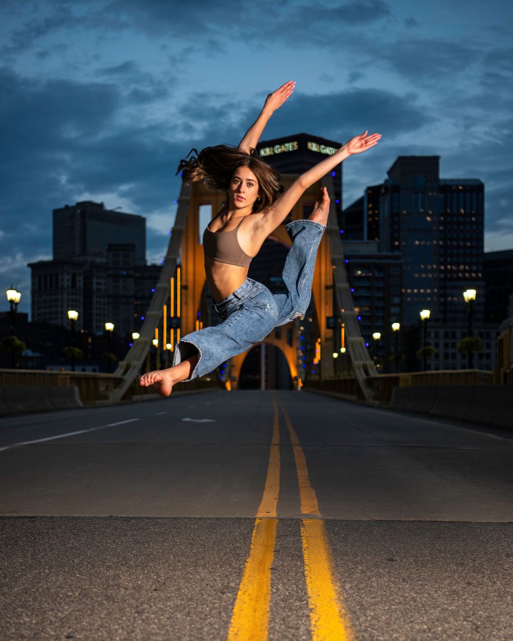 Dance portrait, Pittsburgh, bridge, night