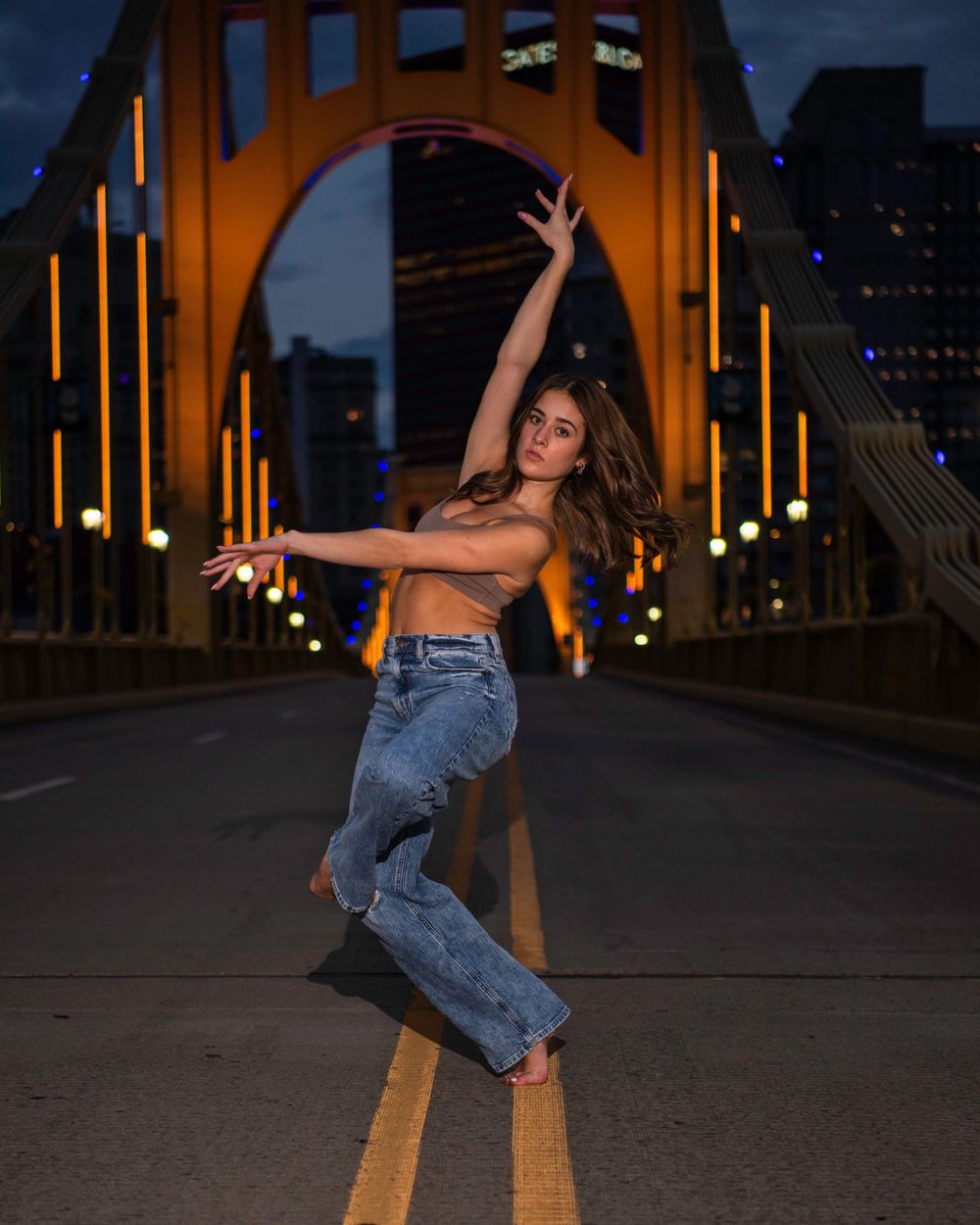 Dance portrait, Pittsburgh, bridge, night
