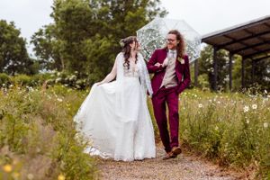 pride and groom portraits in a field - vintage wedding cumbria