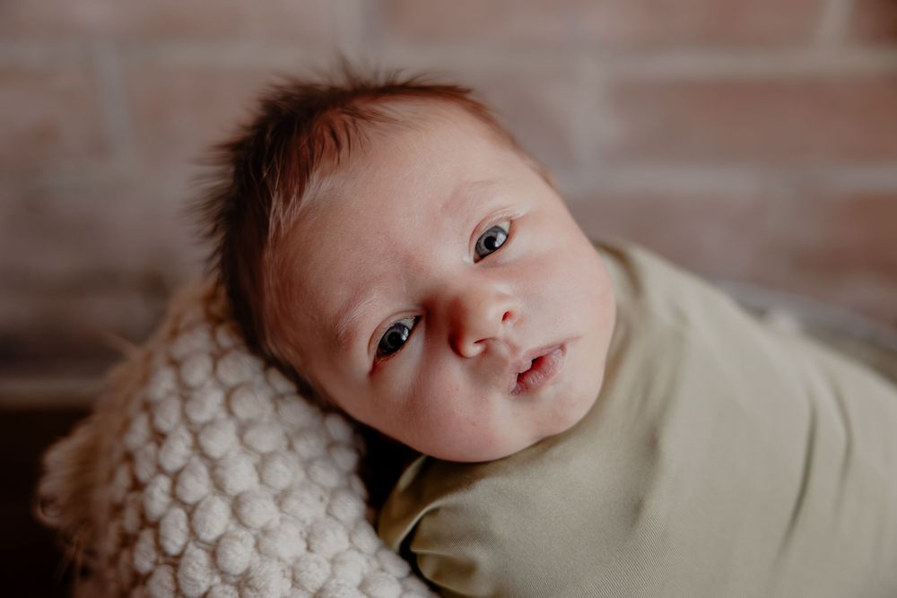 Close-up portrait of a newborn baby with alert eyes. in Oostburg, WI studio with Essence Rose Photography.