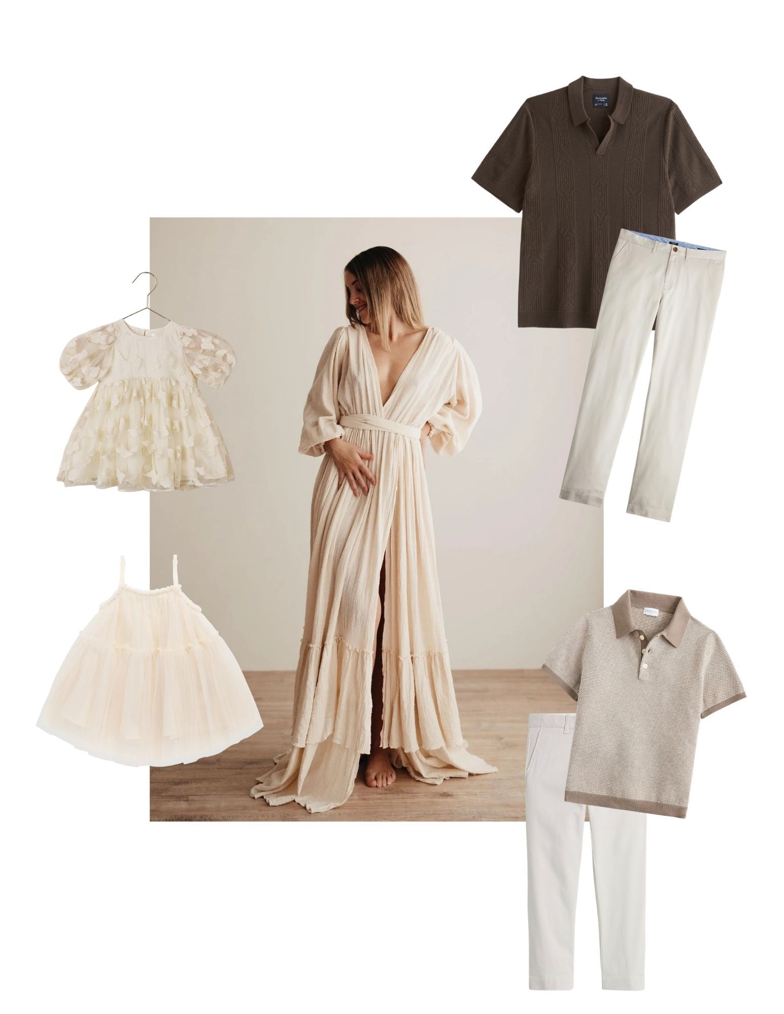 A family outfit mood board featuring a cream maxi dress, floral girl dress, tulle skirt, olive polo, and beige polo with white pants.