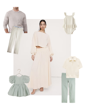 Neutral toned family outfit coordination featuring cream, sage green, and soft lavender clothing for adults and children.