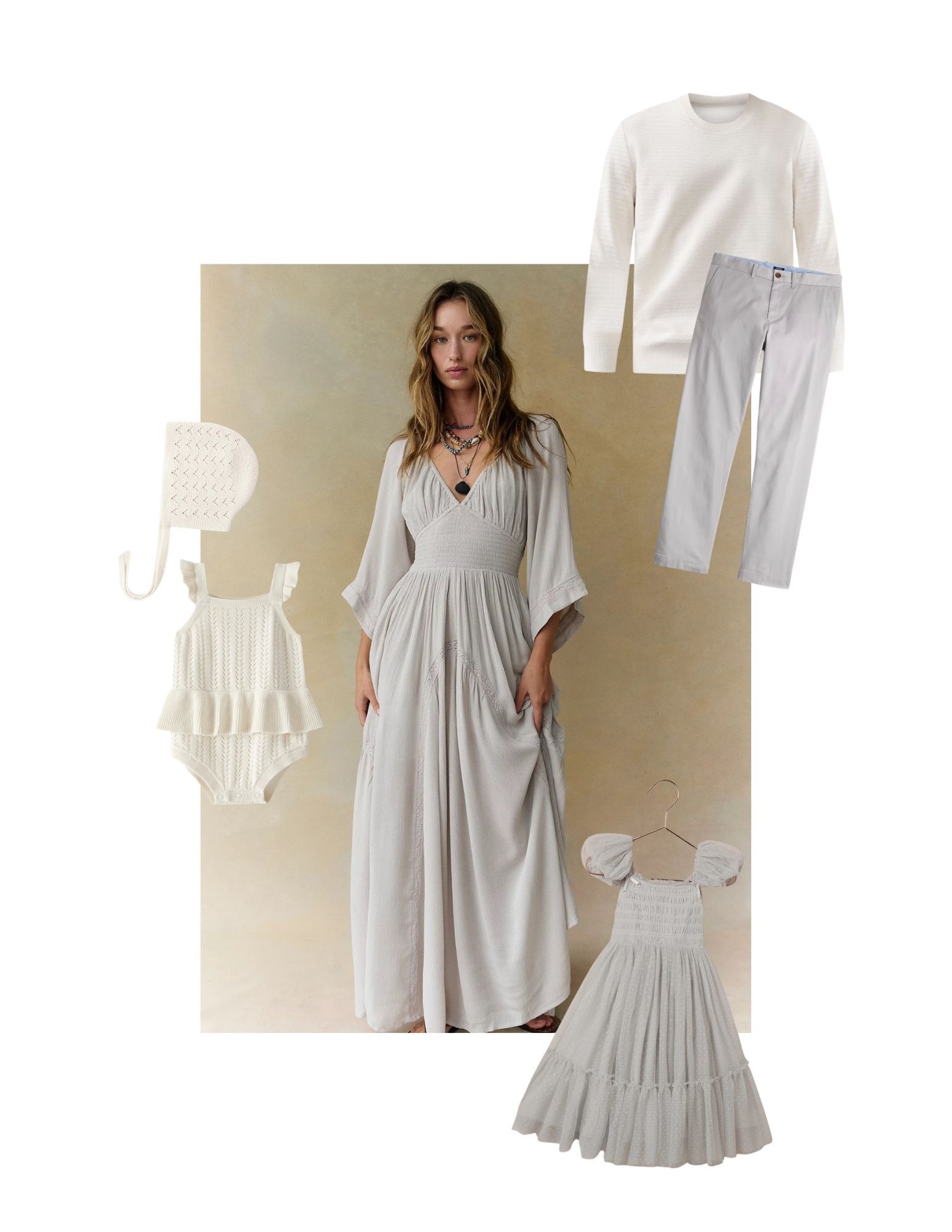 Collage of neutral white and gray family outfits including a maxi dress, baby romper, kids smock dress, and casual top with jeans.