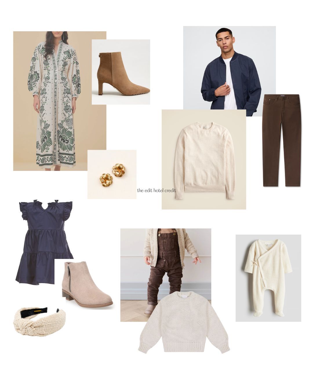 A collage of neutral-toned clothing and accessories featuring beige boots, white sweaters, floral prints, and navy outerwear.