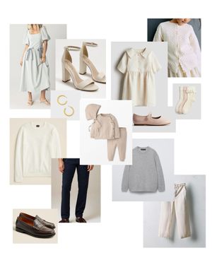 A collection of minimalist fashion items in neutral beige and cream tones including sweaters, boots, and accessories.