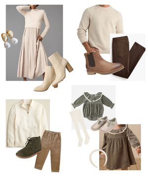 Neutral-toned fashion collage featuring coordinated beige dresses, sweaters, boots and children's clothing in cream and olive colors.