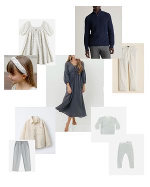 Fashion mood board featuring neutral clothing items including dresses, sweaters, pants and accessories in white, navy and beige tones.