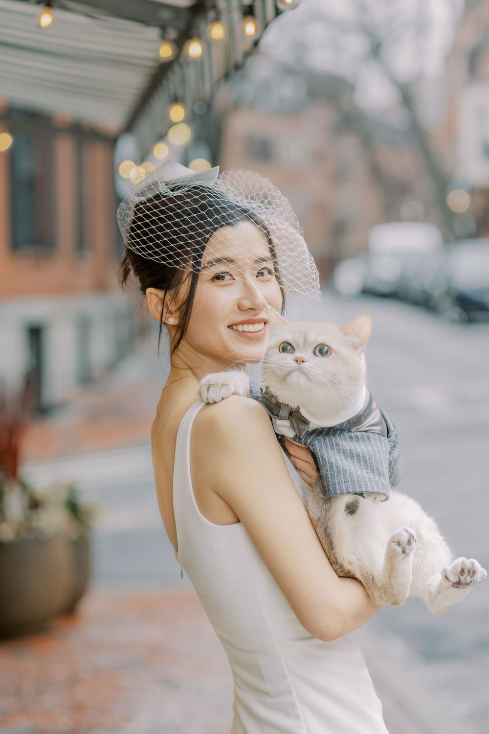 A bride in white dress holds an adorable white persian cat wearing a grey sweater.