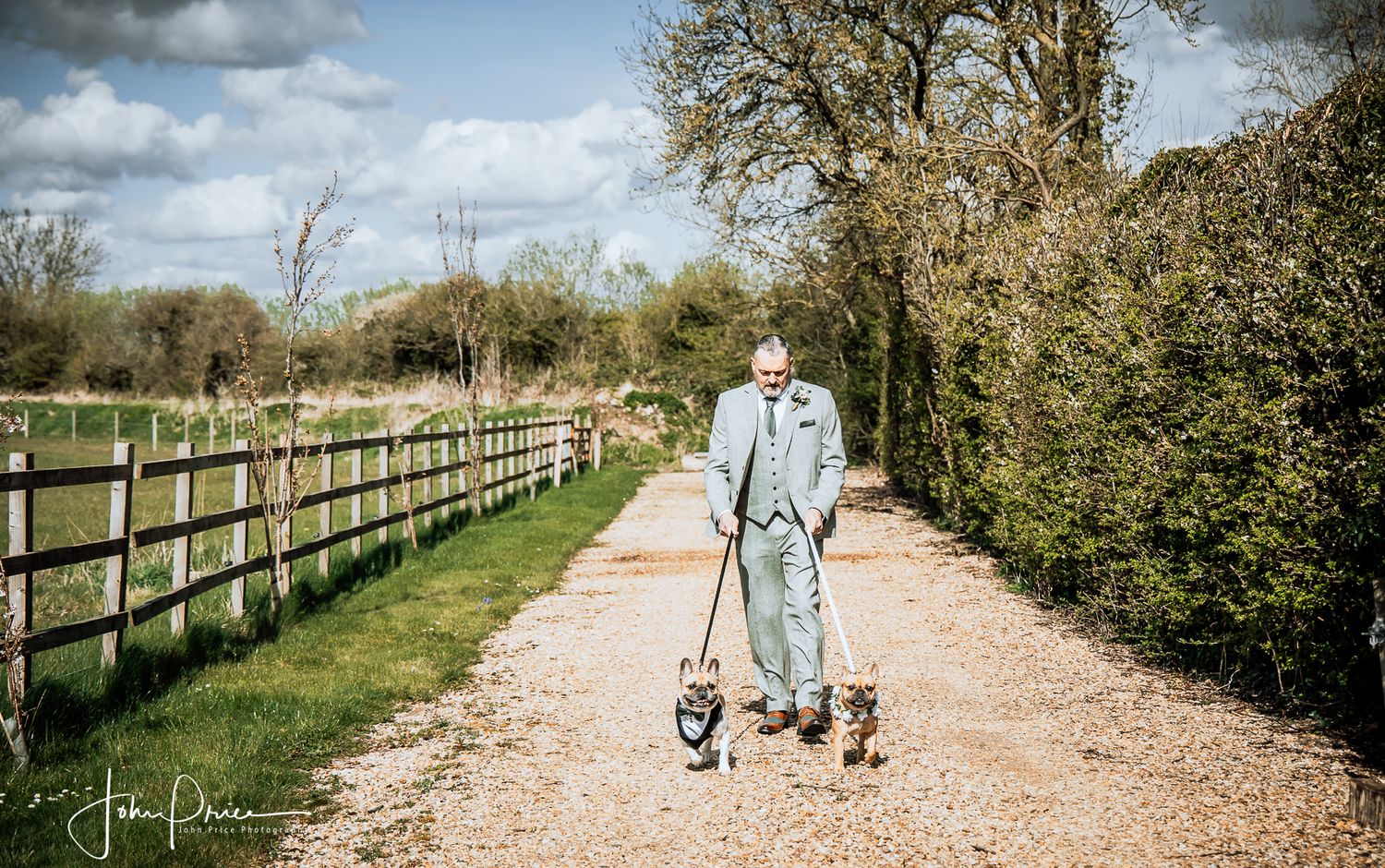 Person walking two small dogs on a countryside path with wooden fencing and trees on a cloudy day.