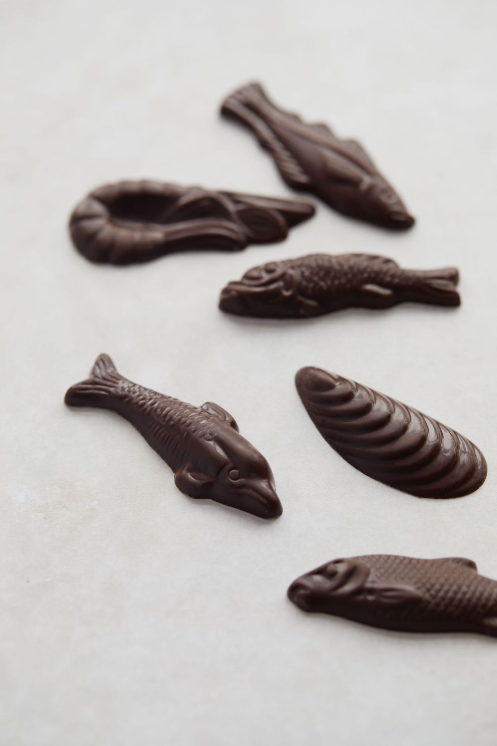Detailed chocolate fish and seafood shaped candies displayed on white background.