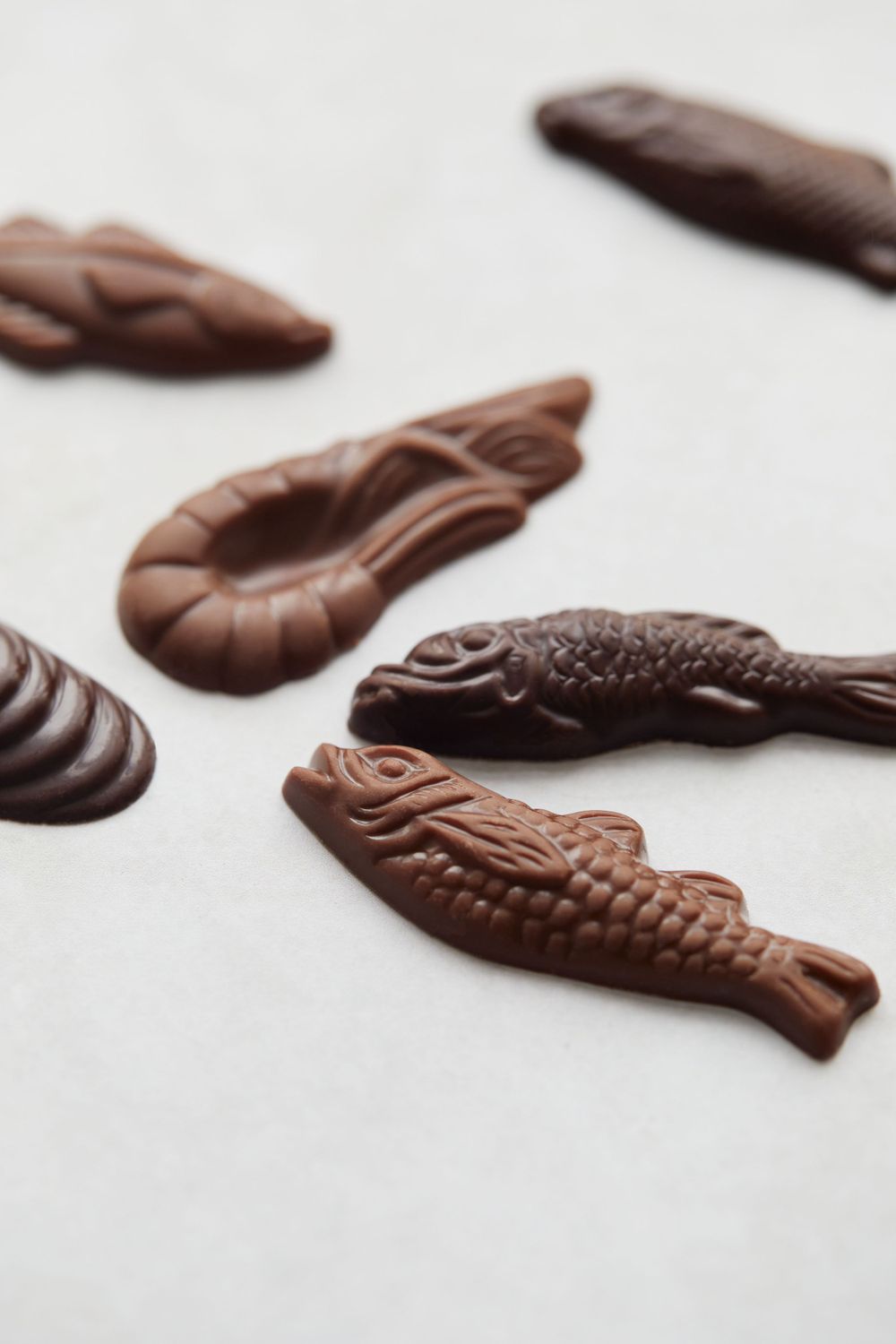 Artisanal chocolate fish and shellfish shapes with textured details on white surface.