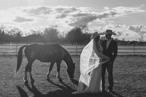 Black and white wedding photo of bride and groom with a grazing horse in a rustic farm setting in Jacksonville North Carolina