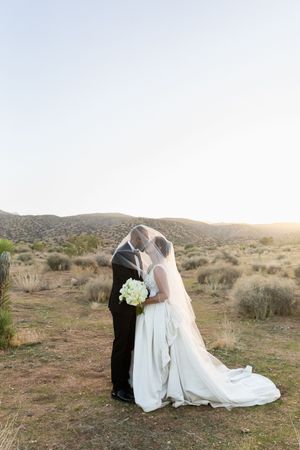 A couple in wedding attire embraces against a desert landscape with mountains and brush at sunset.