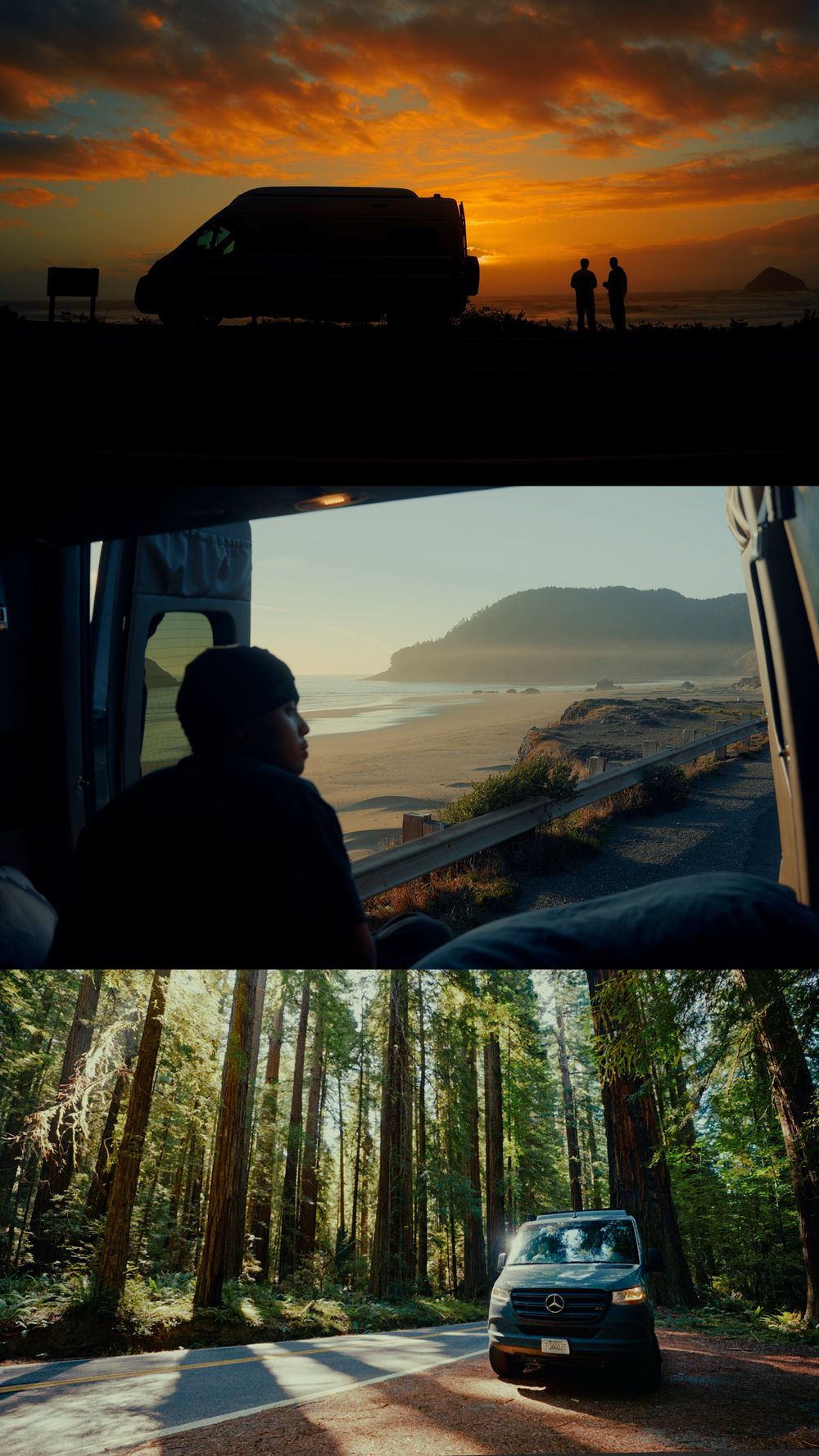 Journey through redwood forests and coastal roads with dramatic sunset views.