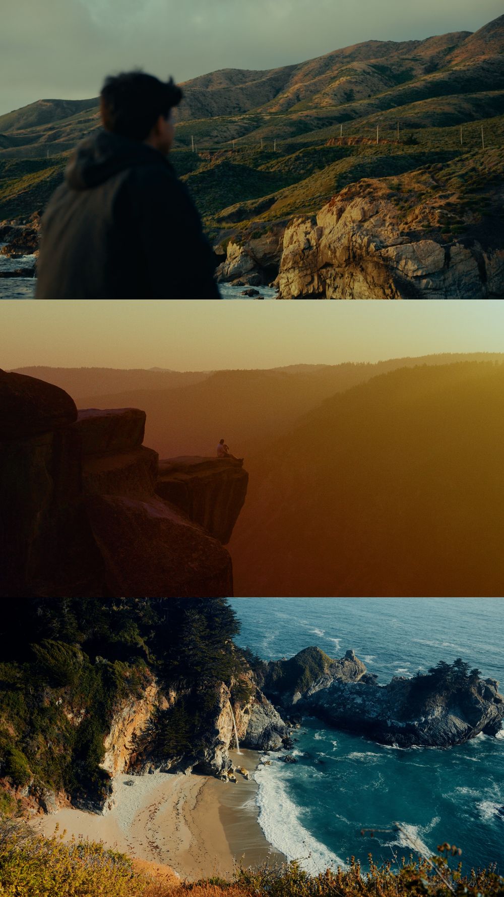 Rugged coastal cliffs and turquoise waters of Big Sur during golden hour.
