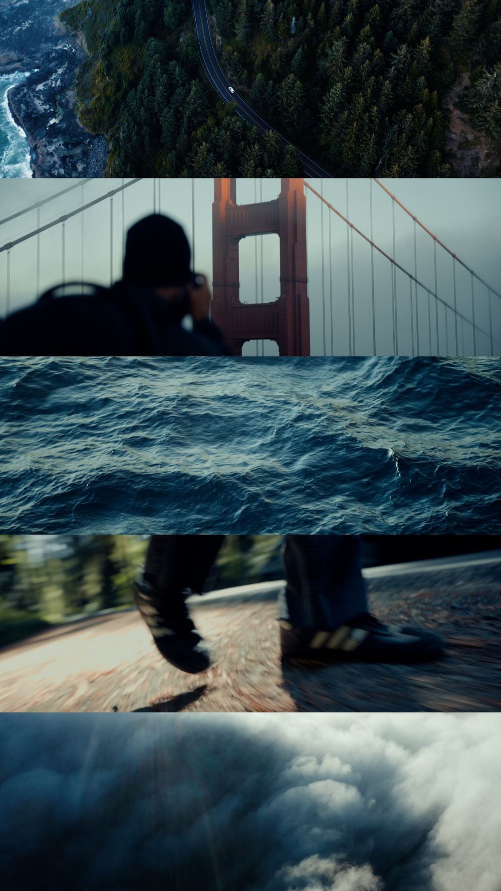 Collage of outdoor adventure scenes featuring forests, waves, and the Golden Gate Bridge.