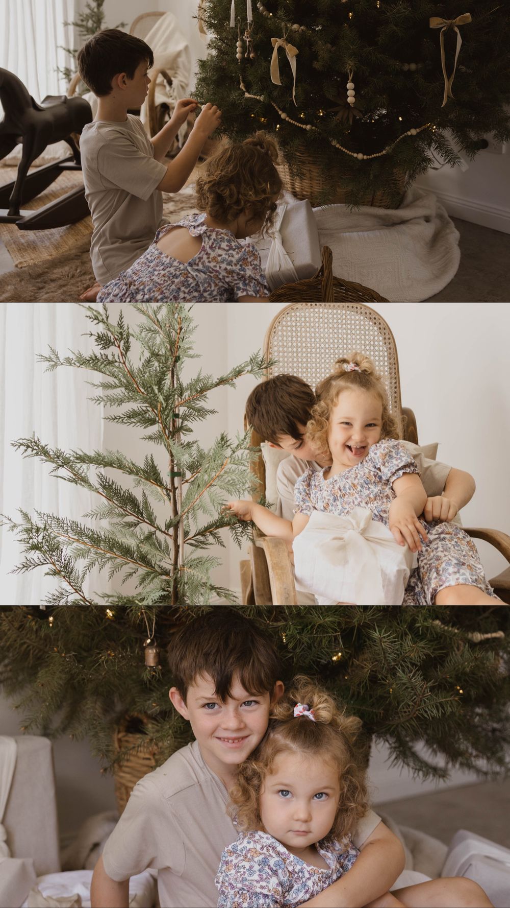 A brother and sister share joyful moments decorating a Christmas tree together in a warmly lit holiday photo collage.