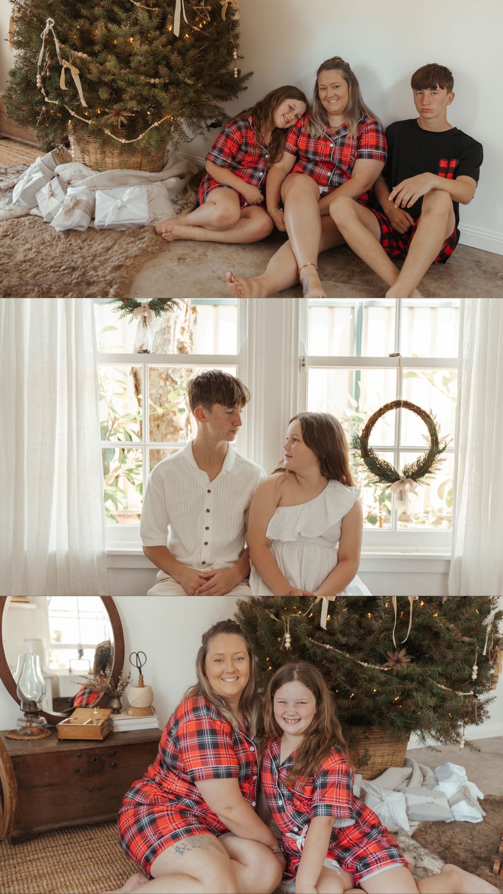 A festive family photo collage featuring matching red plaid pajamas, a Christmas tree, and holiday decorations indoors.
